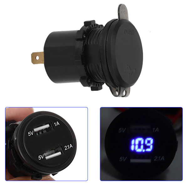 5V/1A 5V/2.1A Dubbla USB-portar Billaddare Spänningsdisplay Digital Voltmeter Fordon IP66 Vattentät Blå DC12‑24V