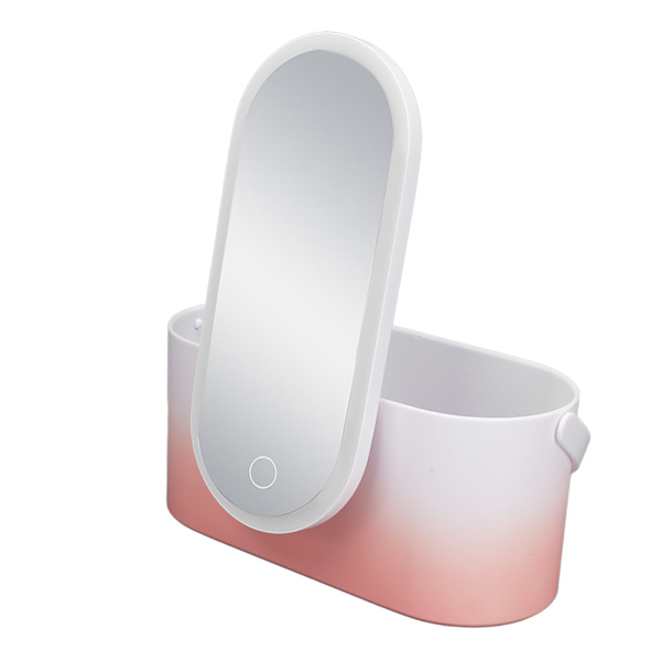Makeup etui Pink Gradient Bærbar Stor Kapacitet Foldbar Roterende LED Lys Makeup Opbevaringsboks med Makeup Spejl