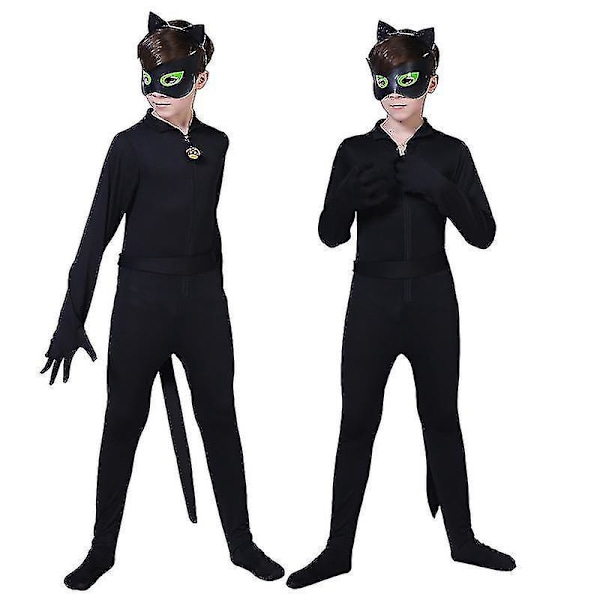 Svart katt barn cosplay kostym med mask, öron och svans 130(125-135CM)