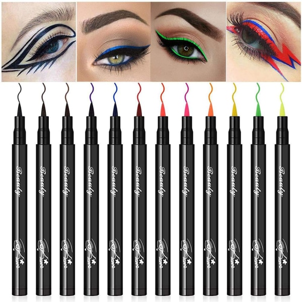 12 färger matt flytande eyeliners Set Färgade eyelinerpennor Långvariga vattentäta fläcksäkra flytande eyelinerpennor
