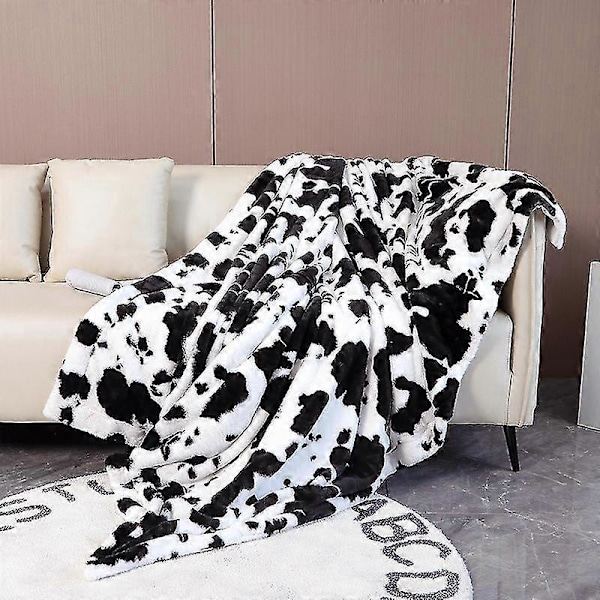 Dobbelt Lag Blød Plys Ko Print Hjerteformet Kanin Tæppe - Varmt Sofa Sengetæppe3 160x200cm