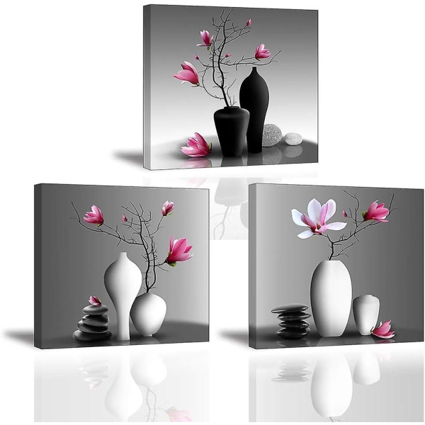Sæt med 3 orkidé-lærredsbilleder - Elegant træ i blomstervase-maleri - Moderne vægkunst til boligindretning - klar til ophængning af træ