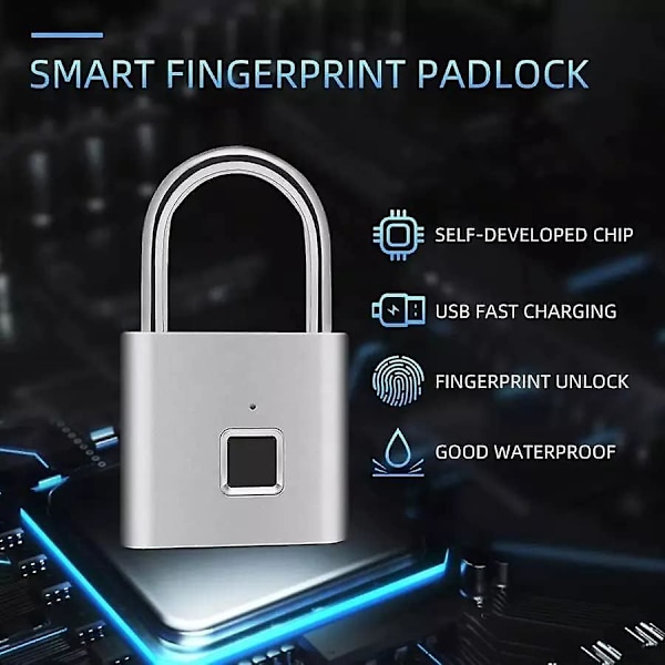 Fingeravtryckslås, Fingeravtryckshänglås, USB-laddning, Biometriskt, Högsäkerhetslås för Gym, Bagage, Skåp (Silver)