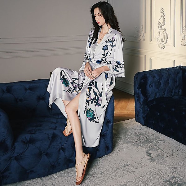 Blomsterprint Kimono Morgenkåbe - Elegant Satin Robe til Kvinders Bryllups Pyjamas Fest (One Size: 45kg-90kg)