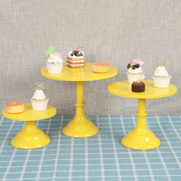 Metallinen rautainen kakkuvati pyöreä jalusta jälkiruokapidike cupcake-teline leivontaan, sopii syntymäpäiville ja häihin (keltainen S)