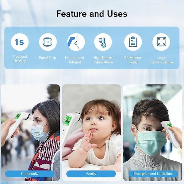 Panntermometer, baby- och vuxentermometer med feberlarm, LCD-display och minnesfunktion för hela familjen