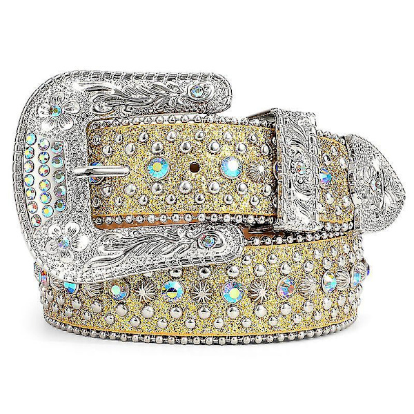 Nitar prydda läderbälte med strass för western cowboy cowgirl jeans 105 cm (41 tum) guld