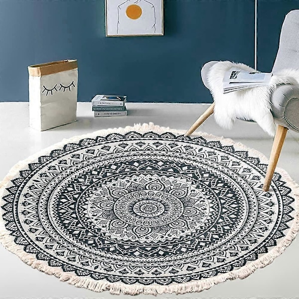 Vintage Boho Bomullsmattor Mandala Mönster Tvättbar Handvävd Bohemisk Rund Matta med Tofsar för Sovrum Hall Vardagsrum Soffbord Golvmattor
