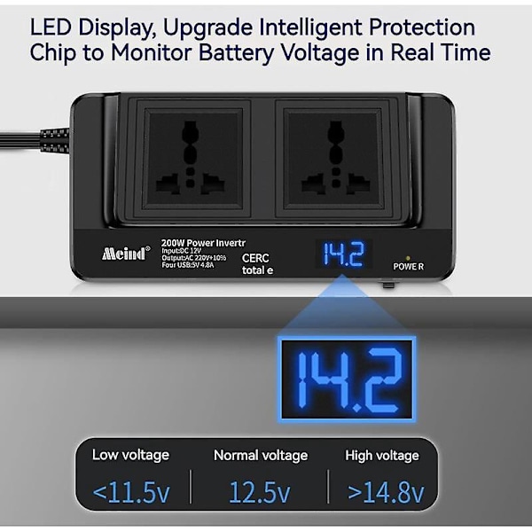 200W Autoinvertteri 12V - 220V Tehomuunnin Neljä USB-porttia + Kaksoispistorasia