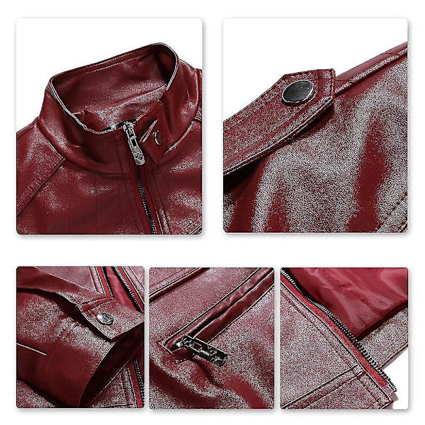 Snygg Svart Motorcykel Zip-Jacka i PU-Läder för Män, Kragemodell, 4XL