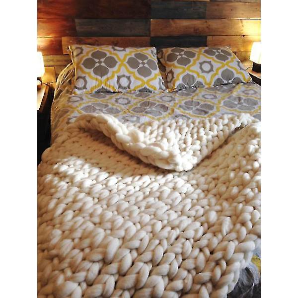 Tyk Strikket Merino Uld Tæppe - Boho Hjemmeindretning 100x130cm Beige