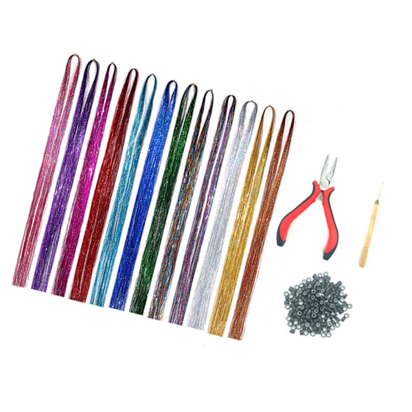 120cm Hårförlängningstrådar Kit 12 Färger 200st Silikonringar Färgade Silke Hårförlängningsset