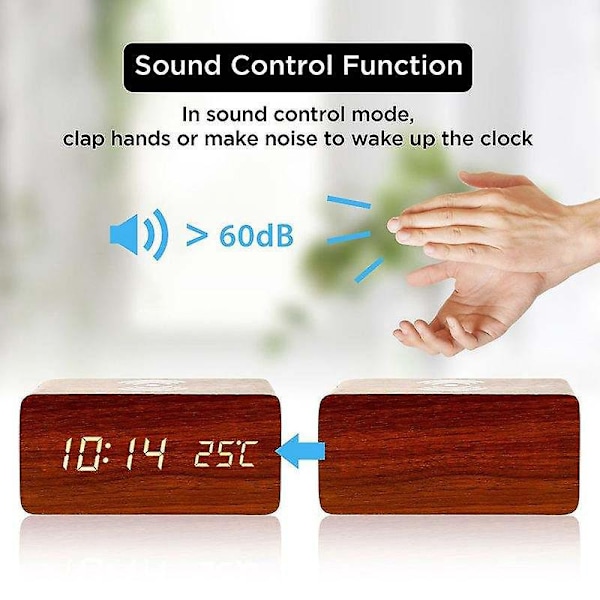 Trä Digital Väckarklocka med FM-radio, Trådlös Laddare för iPhone/Samsung Galaxy, USB-laddningsport, Sömntimer, LED-klocka för Sängen