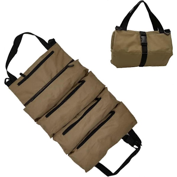 Værktøjsrulle Taske, Multi-Purpose Værktøjsrulle Opbevaringstaske, Bil Værktøjsrulle Opbevaringstasker, 5 Lynlåslomme Design (Khaki)