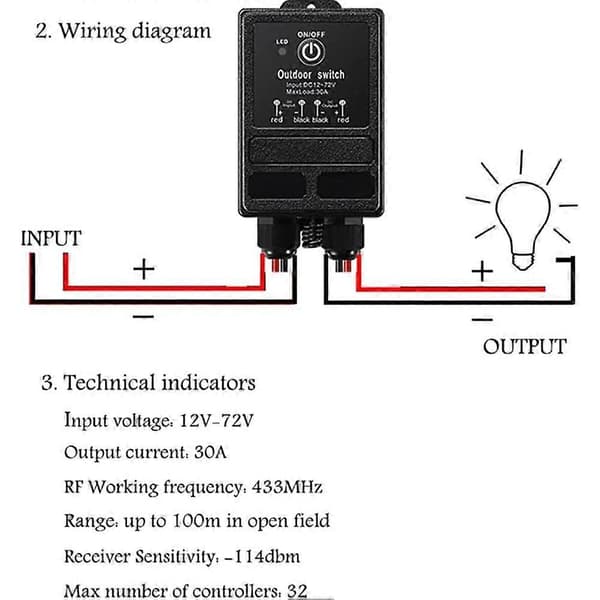 Wireless Relay Switch 12V Remote Control Switch DC12V/24V/48V/72V 30A Relay with 100M Long Range for Anti-theft Alarm