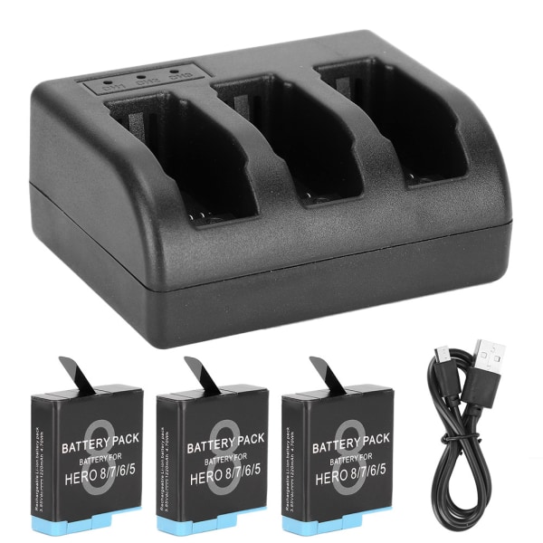 AHDBT-801 sort genopladeligt batteri med 3-kanals oplader til GoPro Hero 8/7/6/5