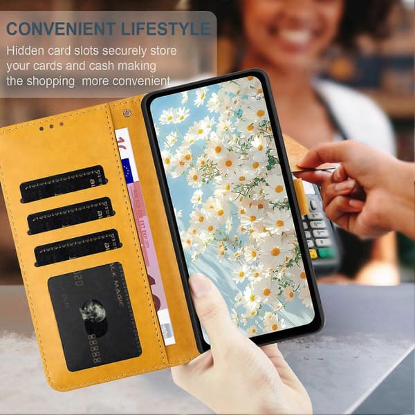 Leather Case with Embossed Daisy Pattern, Wallet Stand, Protective Phone Cover for Samsung Galaxy A56 5G Yellow