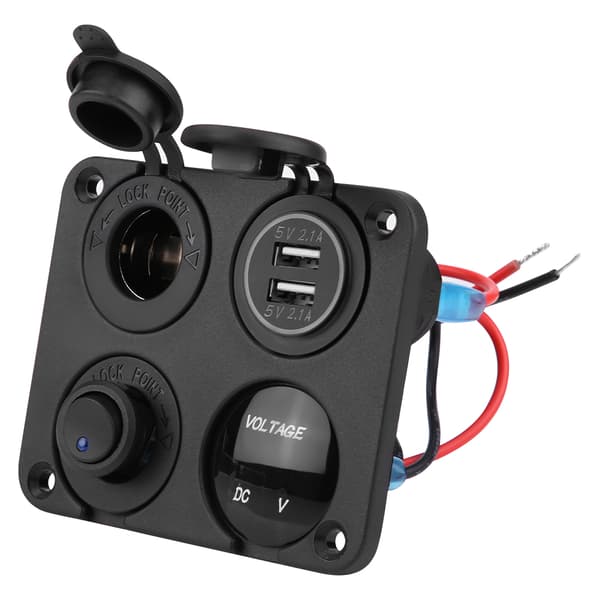4-veis PÅ/AV-vippebryterpanel Dobbel USB-lader Sigarettenneruttak Voltmeter Blå LED