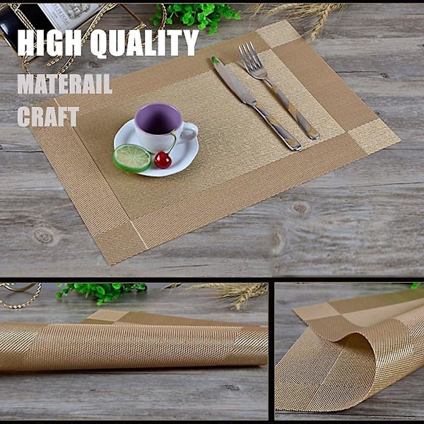 Kultaiset Suorakulmaiset PVC-Alusmatot Liukumattomat Lämpöä Kestävät 6 Kpl Setti Sopii Täydellisesti Ruokailutilaan Keittiön Pöytään 45 x 30 cm