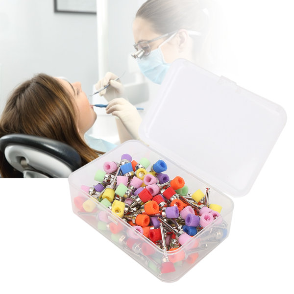 100 kpl Hammaskiillotuskone Nylon hampaiden kiillotusharja Hammashoitotarvike säilytyslaatikolla Sekoitettu väri