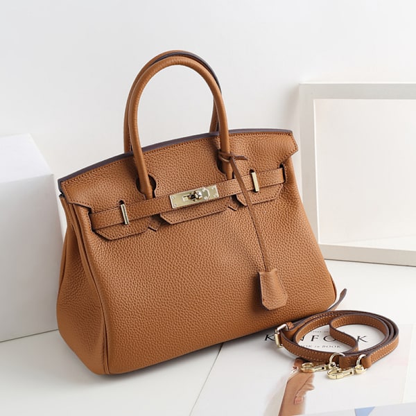 Damer Läder Handväska Första Lagret Ko Läder Tote Väska Pendlar Crossbody Handväska-Khaki (Naturlig Färglinje) Khaki (natural color line) 30cm