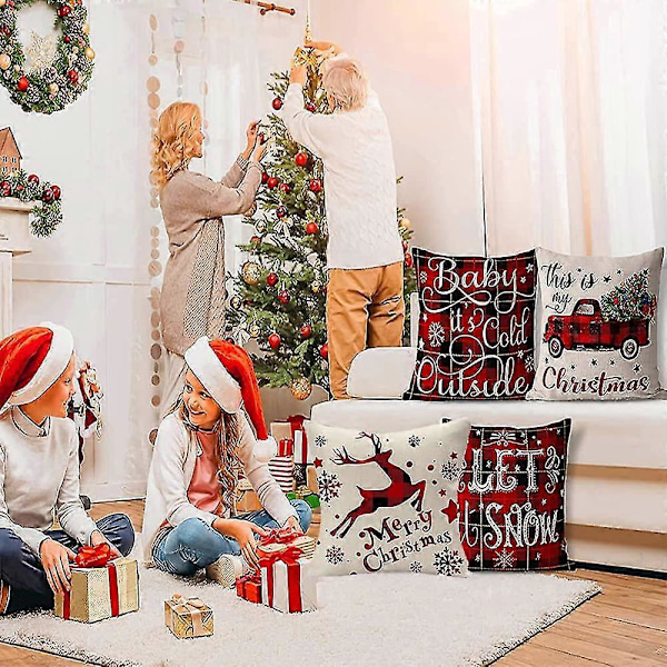 Merry Christmas Design Pyntepudebetræk Dekorative Pudebetræk 4 stk. - hvidrød