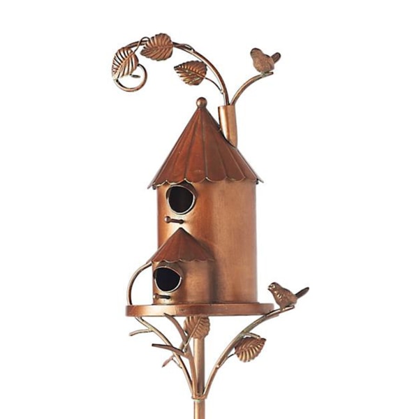Metallilintutalo pylväillä metallitaidetta Mökki Bird House Stakes Hummingbird House Distressed Metal Birdhouse Puutarhasisustus