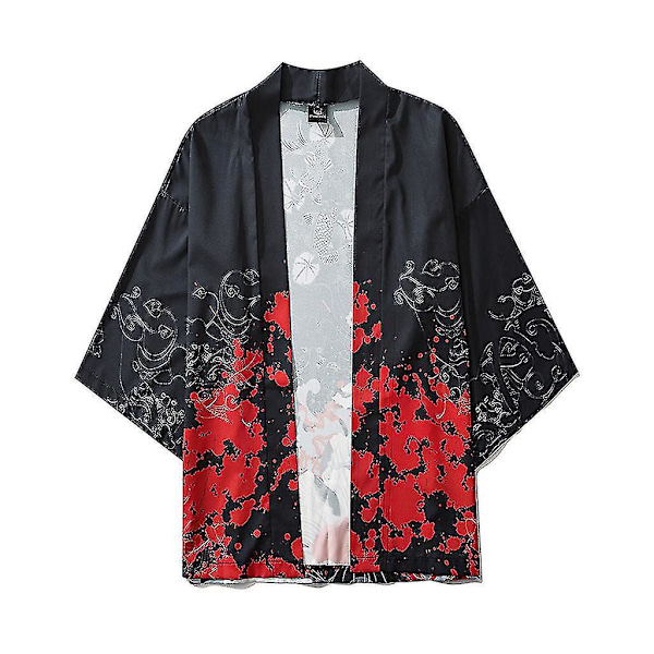 Sommer Kimono Style Unisex Kappe Jakke Bluse med Fem Ermer M Svart