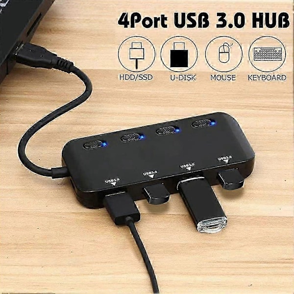 4-porttinen USB 3.0 -keskitin, USB-keskitin aktiivinen jakaja datakeskitin 5 Gbps yksittäisillä virtakytkimillä ja LED-valoilla, USB-keskitin Adapte_SZXM