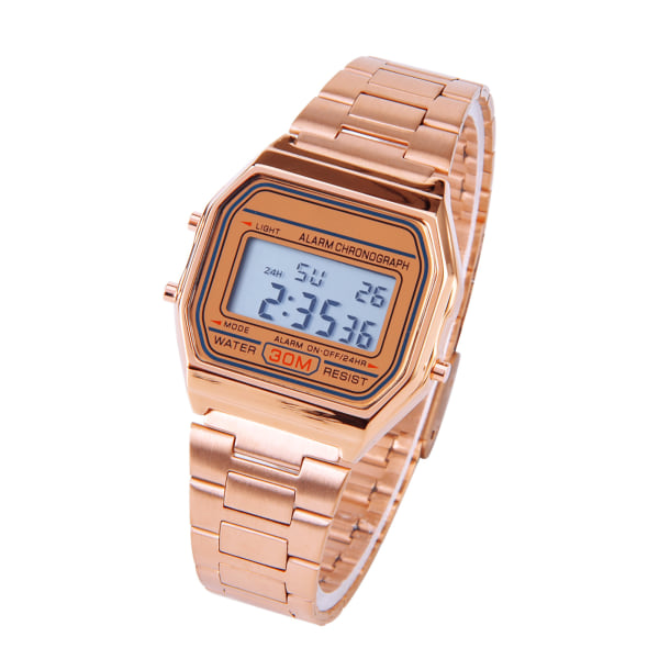 Digital LED-bakgrundsbelysning Elektronisk armband i rostfritt stål Watch (roseguld) Rose Gold