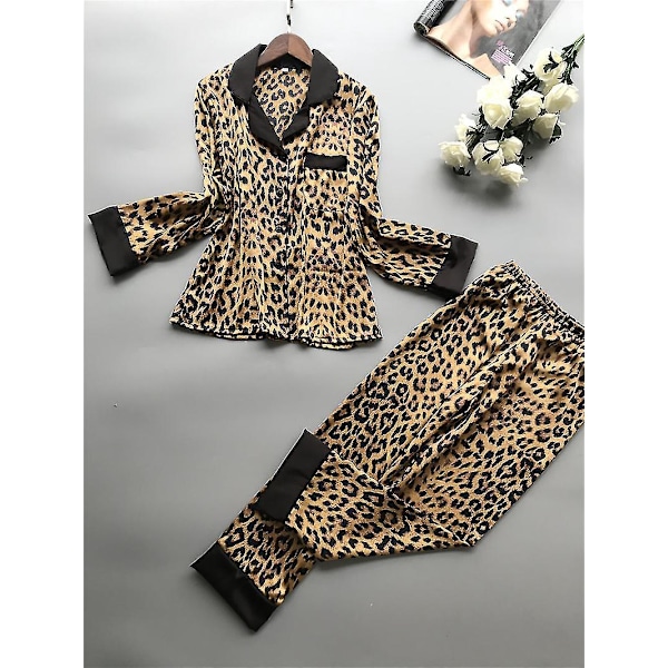 Leopardmönstrad siden-satäng pyjamasset för kvinnor