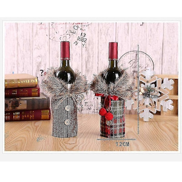 2 stycken Jul Vinflaskor Omslag Tröja Linne Rutig Vinflaska Klänning Kläder Vinflaskor Väskor Med Fuskpäls Krage Och Knapprock Design
