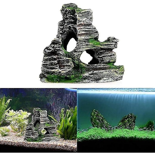 2 Pak Akvariedekorationer med Grønt Græs til Skjul af Harpiksrejer, Harpiks Akvarietilbehør, Akvariehule 11x9x11cm, 10x5.5x10cm