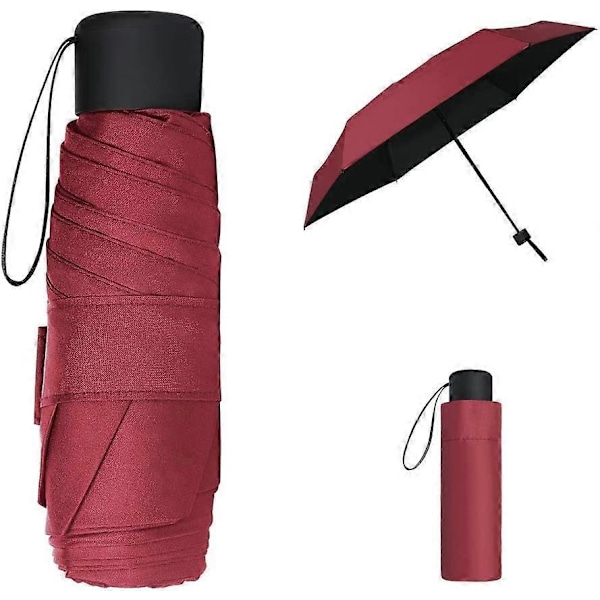 Punainen kokoontaitettava sateenvarjo, mini aurinkosateenvarjo, tasku- ja matkasateenvarjo, ultrakevyt, muodikas, kompakti, kannettava, UV-suojattu, ihanteellinen reppuun/laukkuun