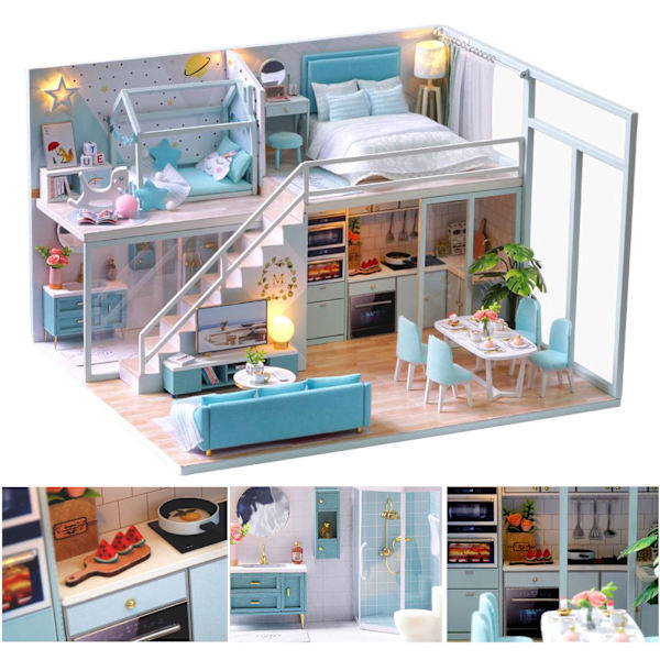 DIY Miniatyrdockhusmodell Set Handgjord Hantverk Loft Lägenhet med LED-ljus Dekoration L‑028 Poetiskt Liv