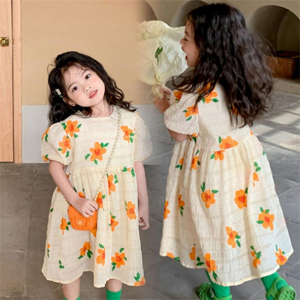 Flickklänning Kort Lykta Ärm Rund Hals Blommig Tryckt Jacquard Sommarklänning för Barn 3 till 8 År Gammal Blomma L 43.31‑45.28in