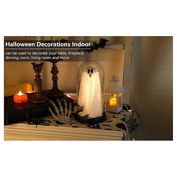 Halloween Indendørsdekoration - Lysende Spøgelse i Glasklokke