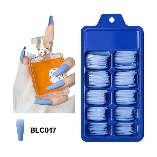 Blå kistformade långa lösnaglar - 300 stycken med case för nagelsalonger och DIY Nail Art