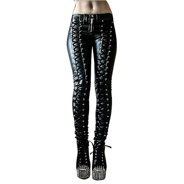 Gotiske Punk Sorte Kunstlæder Skinny Leggings til Kvinder S