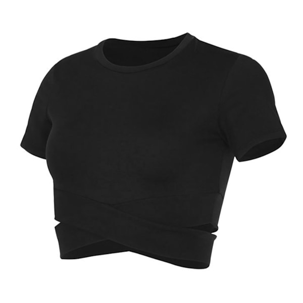 Kvinnors sport gym topp midja kors smal passform kortärmad träningstopp besättning hals fitness tank top för yoga löpning svart S