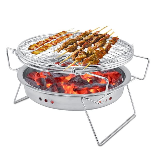 Mini BBQ Grill i rustfrit stål, sammenklappelig, bærbar, rund grillovn til udendørs campingterrasse