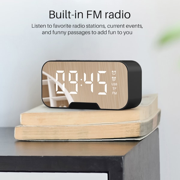 Sängbords Bluetooth-spegelyta LED-väckarklocka Högtalare FM-radio Trådlös digital väckarklocka för sovrumskontor Resor