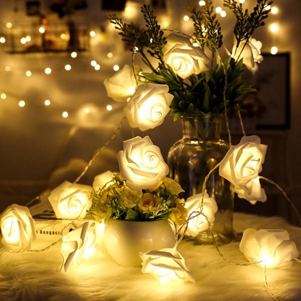 LED-strålkastare Imitation Rose String Light Bröllop String Light Festival Dekoration Ljus Varm Vit