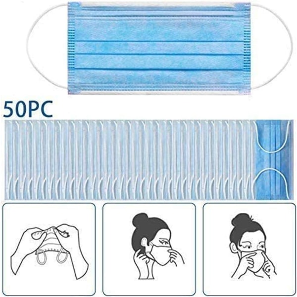 50 pakke med 3-lags blå ansiktsmasker for komfort og beskyttelse, egnet for sensitiv hud