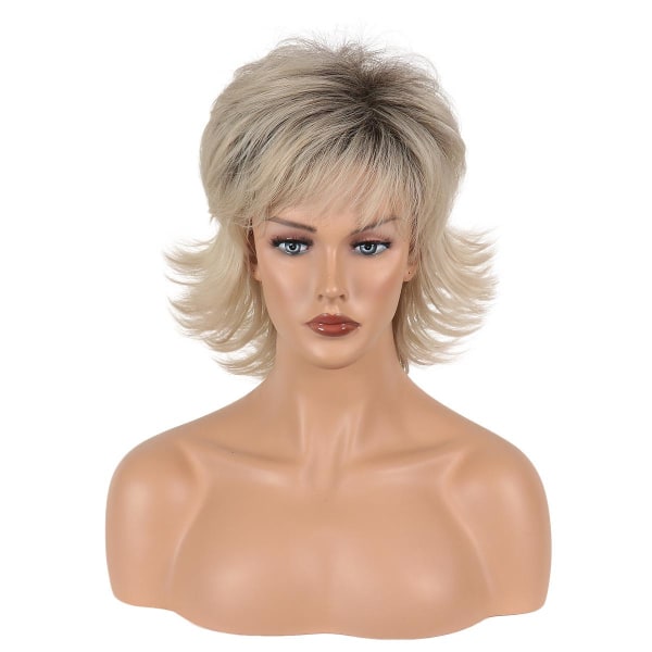 Ljusblond Bleach Black Curly Short Wig Syntetfiberperuk för kvinnor