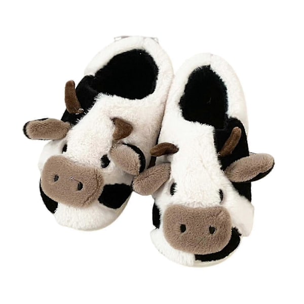 Fuzzy Ko-tofflor Söta Varma Bekväma Bomullsskor Djurformade Tofflor Slip-on För Kvinnor Flicka Vinter 38-39 (23.5cm) Ko Bomullsmopp Paket