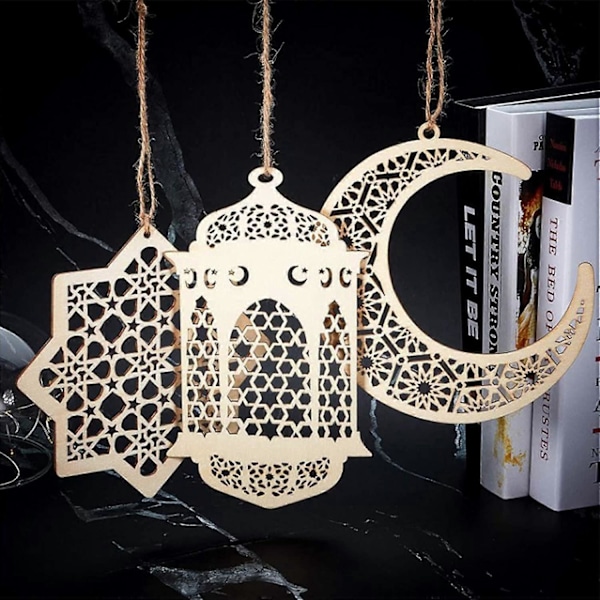 Stykker Træ Hul Vedhæng Ornament, Træ Eid Mubarak Dekorationer, Bruges til Eid Mubarak Dekoration, Boligdekoration (Måne, Otte-takket Stjerne, Vin