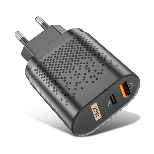 QC3.0 PD hurtiglader 20W dobbel port QC3.0 USB PD ladehodeadapter for IOS 13 12 svart EU-standard