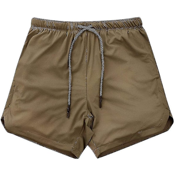 Lettvint, hurtigtørkende 2-i-1 løpeshorts for menn, treningsshorts i khaki, størrelse L