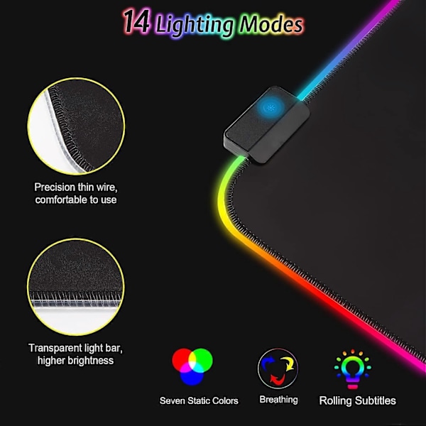 RGB Gaming Musemåtte XXL (800 x 300 mm), 7 LED-lyseffekter, vandtæt, skridsikker, slidstærk til Gamer, Computer, PC